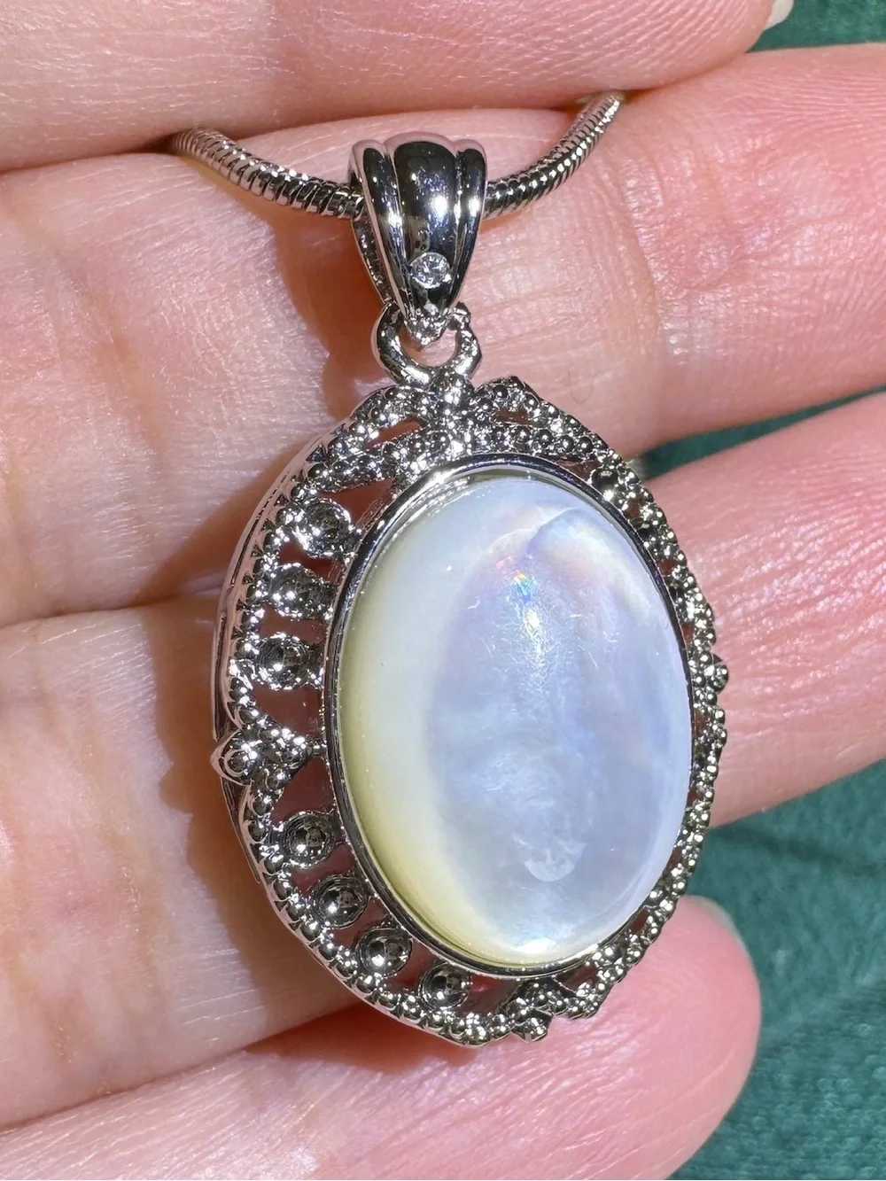 Vintage Oval Mother of Pearl CZ Halo Pendant Necklace
